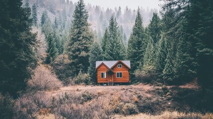 Rustic cabin nestled in a misty forest