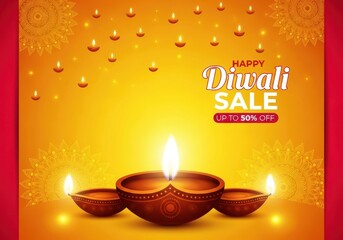Happy diwali sale with 50 off and diyas on yellow background