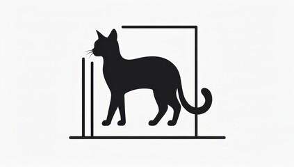 Black silhouette of a cat standing inside a geometric frame  