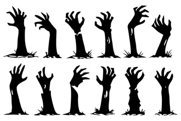 Zombie Hands Silhouette Vector Set with Creepy Horror Elements