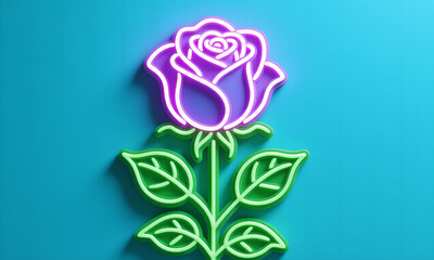 Glowing Purple and Green Neon Rose on Light Blue Background