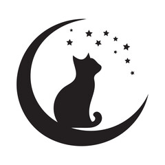 A whimsical silhouette of a cat sitting on a crescent moon against a starry night.