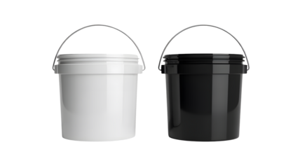 Two plastic buckets, white and black, with metal handles, for industrial use