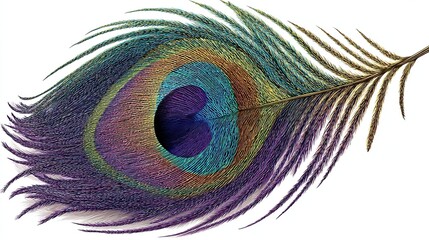 A single iridescent peacock feather, showcasing vibrant teal, purple, gold, and brown hues in its eye, against a stark white background.  The feather's shaft extends gracefully to the right
