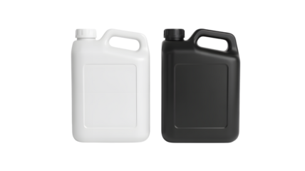 Modern white and black plastic jerrycans for liquid product mockups display