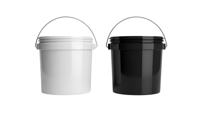 Two plastic buckets, white and black, with metal handles, for industrial use