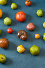 Variety of heirloom tomatoes on blue background
