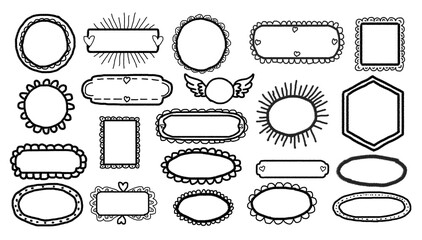 Vintage set of twenty-one black and white doodle frames and badges in various shapes, perfect for retro wedding or ornate design elements.