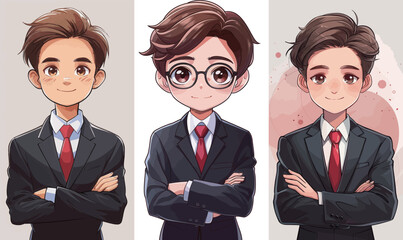 Three young boys dressed in stylish suits stand proudly. Each has a unique hairstyle; one wears glasses, while the others show different hair looks.