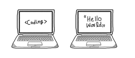 Two laptops displaying code and "Hello World," symbolizing software development and digital technology
