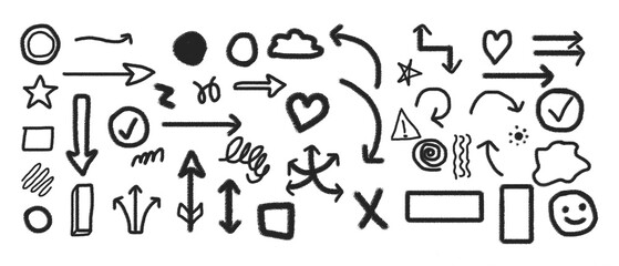 Whimsical hand-drawn icons and symbols for creative projects, including arrows, shapes, and a smiley face.