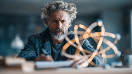 Man with beard writing next to atom model on a wooden table.