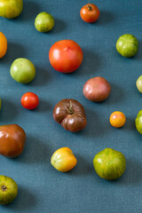 Variety of heirloom tomatoes on blue background
