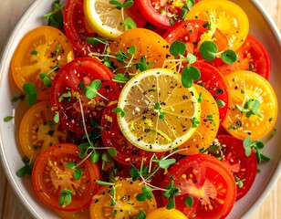 Top-down close-up photo of a summer salad with colorful heirloom tomatoes, microgreens and lemon zest on a pale wooden surface