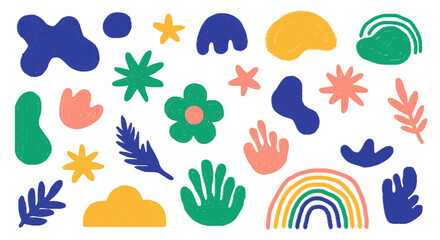 Vibrant Abstract Organic Shape Collection: Mid-Century Modern Inspired Hand-Drawn Design Elements, Flowers, Rainbow, and Leaves with Textured Grain for Trendy Graphic Projects