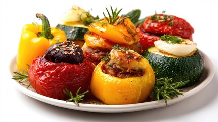 Colorful stuffed peppers and zucchini served on a plate.