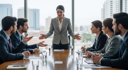 A businesswoman leading a meeting in a modern office with skyscrapers in the background.
