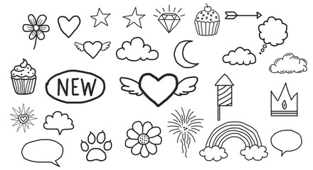 Whimsical Hand-Drawn Doodle Collection of Cute Symbols: Hearts, Stars, Clouds, Cupcakes, and Decorative Elements for Fun Graphic Design and Children's Projects