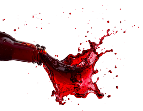 Red Liquid Splashing Out of Glass Bottle, Dynamic Motion, isolated on transparent background PNG - Powered by Adobe