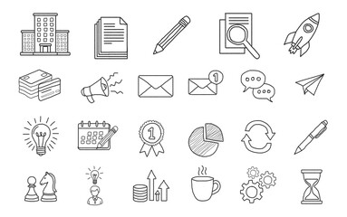 Hand-Drawn Business and Finance Icon Set Featuring Strategy, Communication, Growth, Start-up, and Office Elements for Web, Mobile App, or Presentation Design