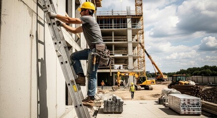 A construction worker climbing a ladder on a construction site.