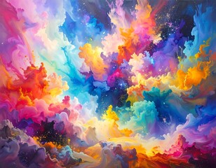 Vibrant, swirling nebula of color, resembling a cosmic explosion or dreamlike cloudscape