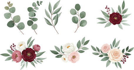Watercolor eucalyptus leaves and floral arrangements perfect for wedding design on transparent background © Kuntol02