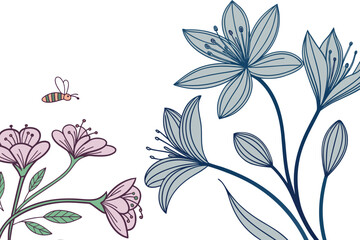 Minimalist floral artwork with pastel blossoms and a buzzing bee, elegant botanical vector.