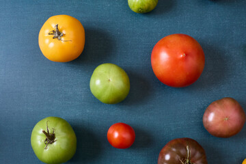 Variety of heirloom tomatoes on blue background
