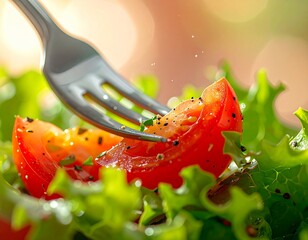 Close-up of fork piercing a bite of fresh garden salad, textures of juicy tomato and crunchy lettuce in sharp detail