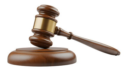 Wooden gavel with gold accent resting on block represents justice and legality