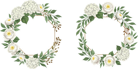 Fototapeta premium Two delicate floral wreaths with white roses and hydrangeas on transparent background