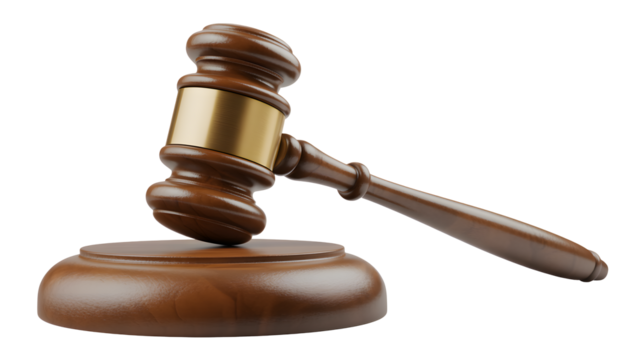 Wooden gavel with gold accent resting on block represents justice and legality