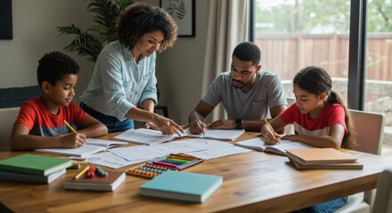 Family study session home educational activity cozy environment indoor collaborative learning