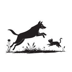 Dog and Cat Chasing Silhouette – Playful Pet Vector, Black Animal Silhouette on White Background
