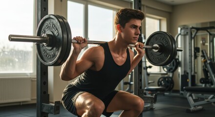 Weightlifting action young man squatting in gym fitness training environment motivational viewpoint
