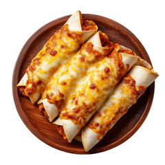 Southwest Tex-Mex Enchiladas rolled tortillas baked with sauce and melted cheese on wooden plate, isolated on white transparent background. Concept of Mexican fast food