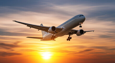 An airplane takes flight against a stunning sunset, with the warm hues of orange and yellow painting the sky, symbolizing travel and adventure
