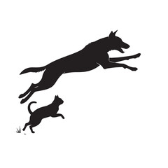 Dog and Cat Chasing Silhouette – Playful Pet Vector, Black Animal Silhouette on White Background