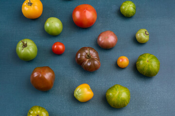 Scattered assorted heirloom tomatoes on blue background
