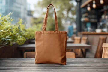 Brown Tote Bag on Table in Outdoor Caf&eacute; Setting with Greenery