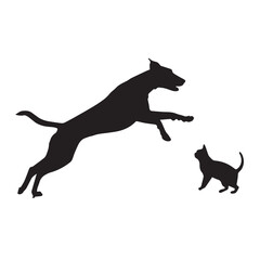 Dog and Cat Chasing Silhouette – Playful Pet Vector, Black Animal Silhouette on White Background