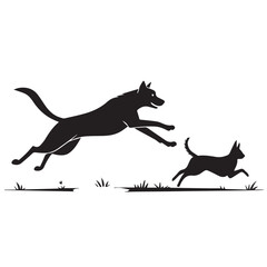 Dog and Cat Chasing Silhouette – Playful Pet Vector, Black Animal Silhouette on White Background