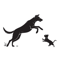 Dog and Cat Chasing Silhouette – Playful Pet Vector, Black Animal Silhouette on White Background
