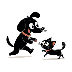 Dog and Cat Chasing Silhouette – Playful Pet Vector, Black Animal Silhouette on White Background