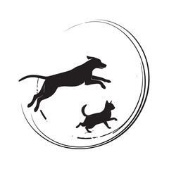 Dog and Cat Chasing Silhouette – Playful Pet Vector, Black Animal Silhouette on White Background