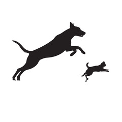 Dog and Cat Chasing Silhouette – Playful Pet Vector, Black Animal Silhouette on White Background