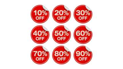 Huge sale! Red sticker set featuring ten to ninety percent discounts