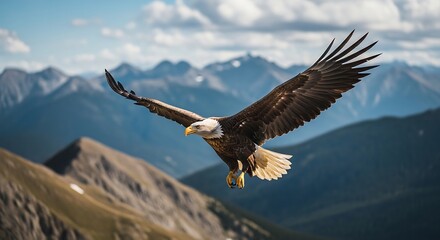 Naklejka premium Majestic Eagle Soaring Above Mountain Peaks.