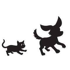Dog and Cat Chasing Silhouette – Playful Pet Vector, Black Animal Silhouette on White Background